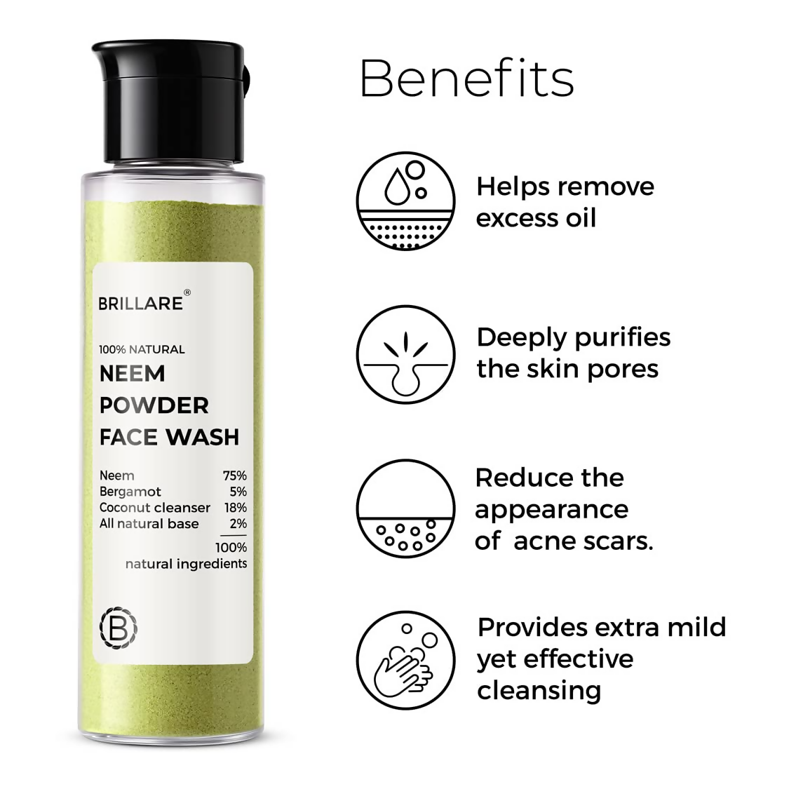 Brillare 100% Natural Neem Powder Facewash For Acne & Pimples Rich with Bergamot | Grocsy