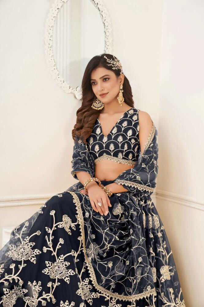 Aastha Fashion Black Butterfly Net White Cotton Thread Work And Sequence Work Embroidery Wedding Wear Lehenga Choli | Grocsy