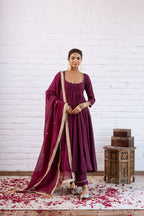 Teeya Creation Wine Solid Silk Blend Anarkali Suit With Pants And Dupatta | Grocsy