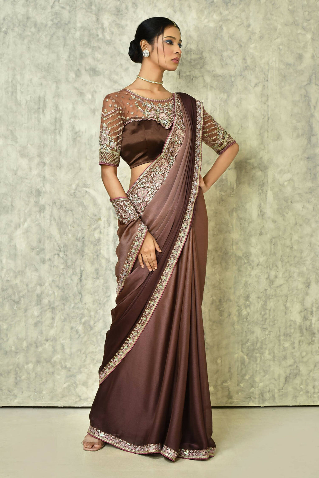 Brown Silk Plain Saree with Blouse Piece - Purvi | Grocsy
