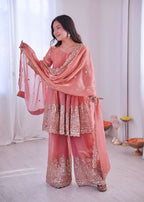 Teeya Creation Peach Color Fendy Satin Silk Embroidery Work Party Wear Salwar Suit | Grocsy