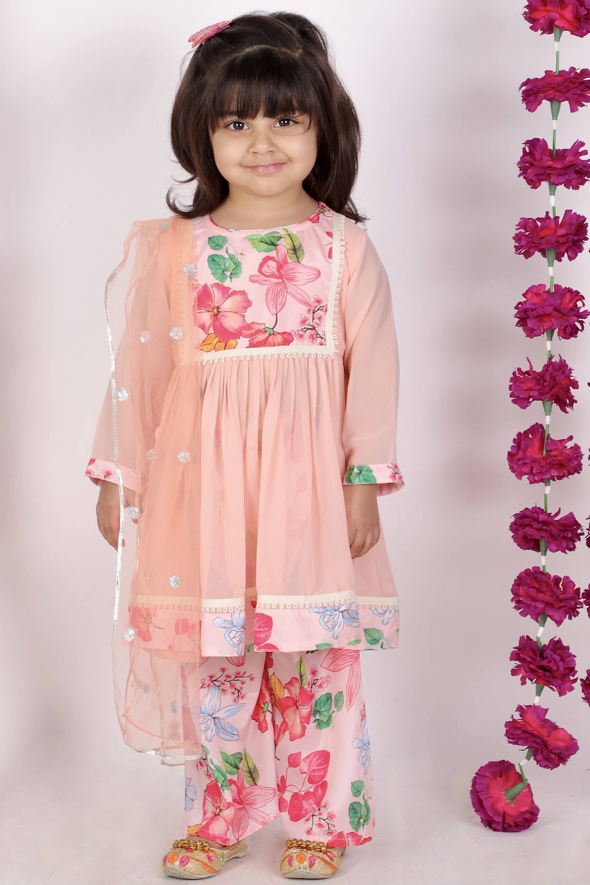 Little Bansi Girls Peach Color Rose print Kurta Frock with Floral Plazzo and Dupatta | Grocsy