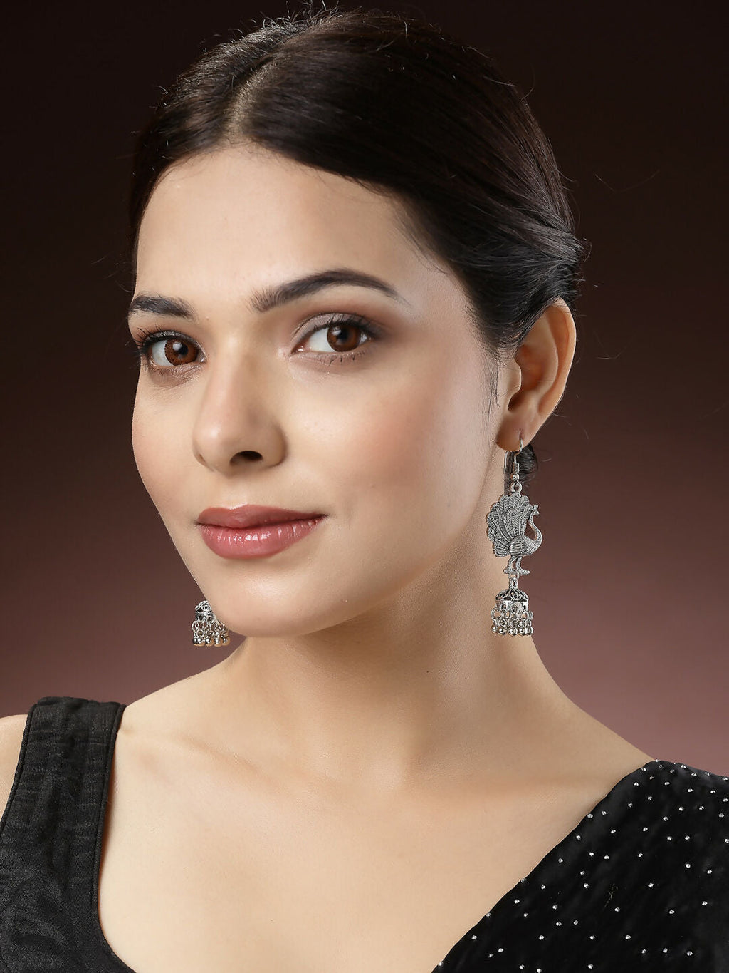 NVR Women's Silver-Toned Peacock Desing German Silver Oxidised Dome Shaped Jhumka Earrings | Grocsy