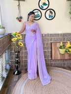 Lavender Georgette Sequence Embroidery Cut Work Saree - Saadia | Grocsy