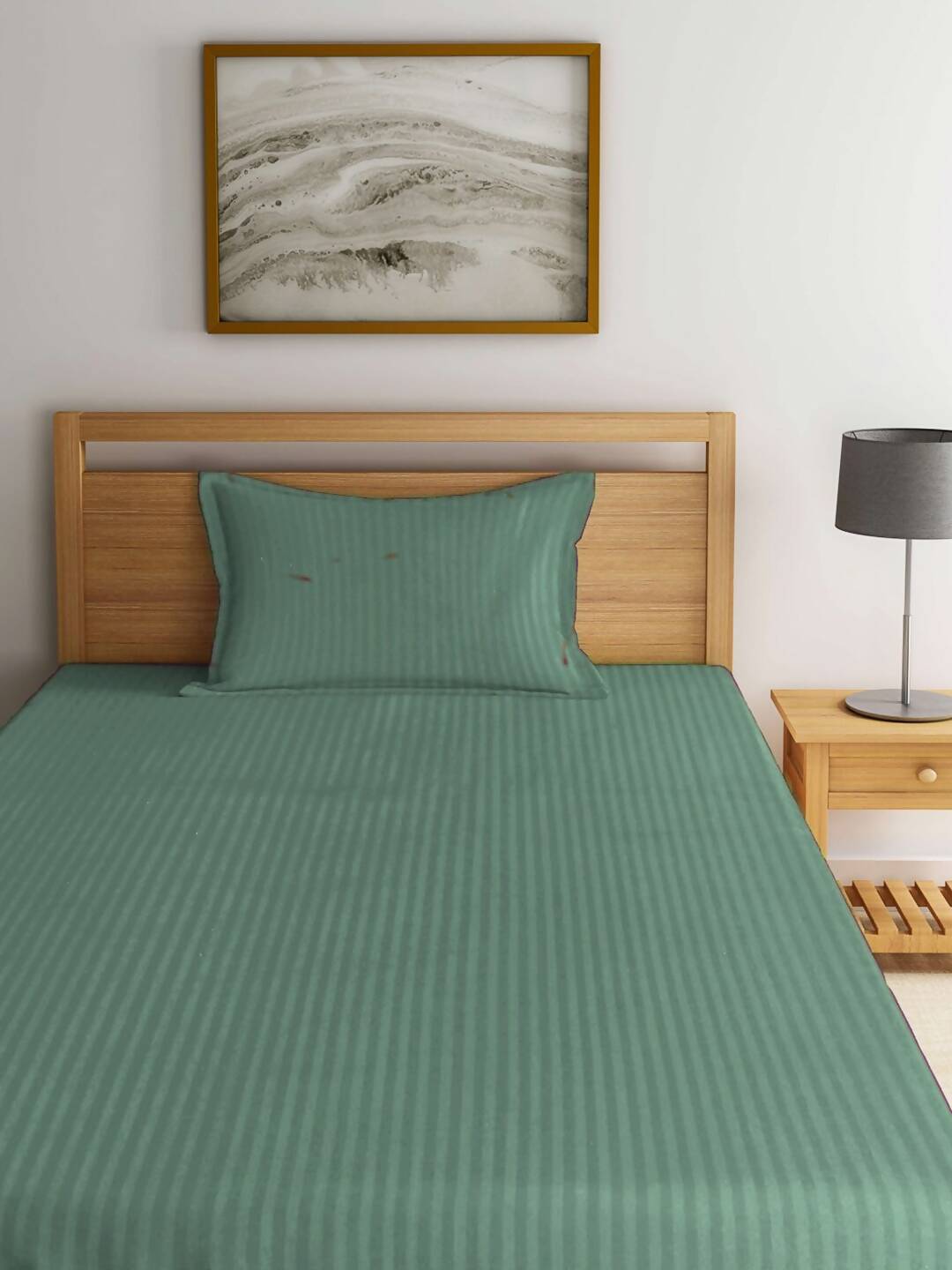 KLOTTHE Green Striped 210 TC Bedsheet with Pillow Covers | Grocsy
