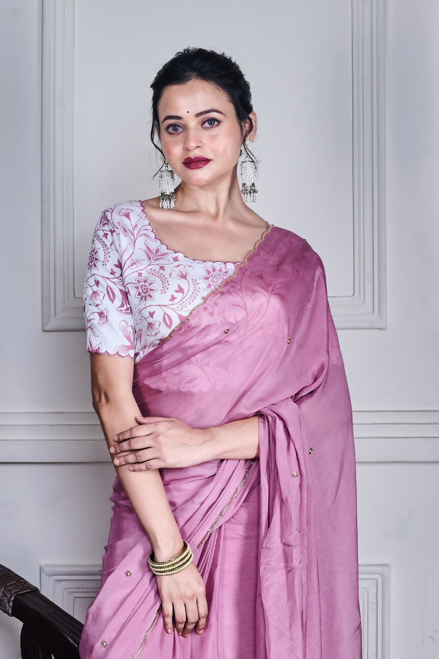Morchari Purple Chiffon Hand Embroidery Saree And Stitched Blouse | Grocsy