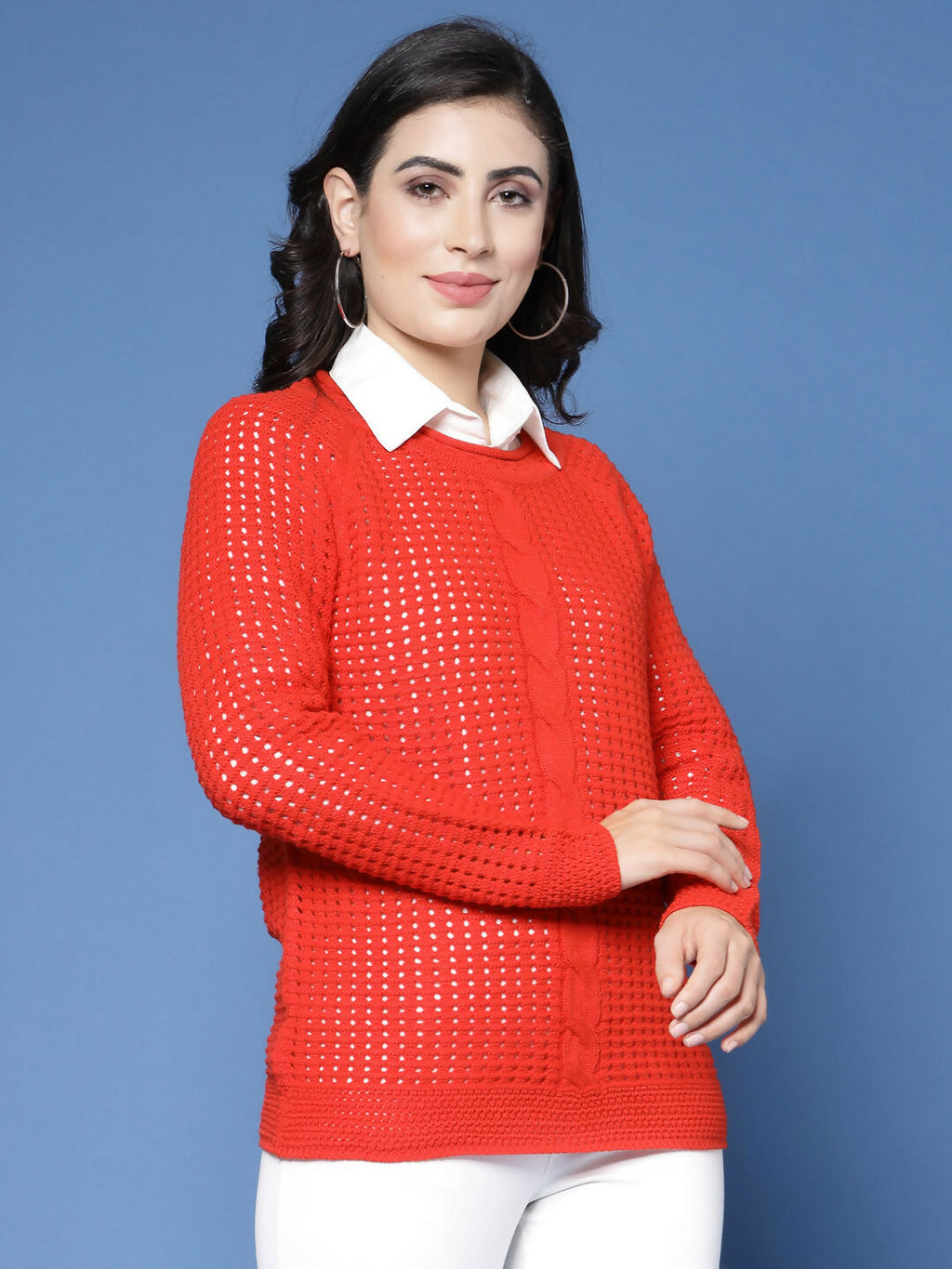 Women Pointelle Rust Acrylic Winter Sweater - Wool Trees | Grocsy