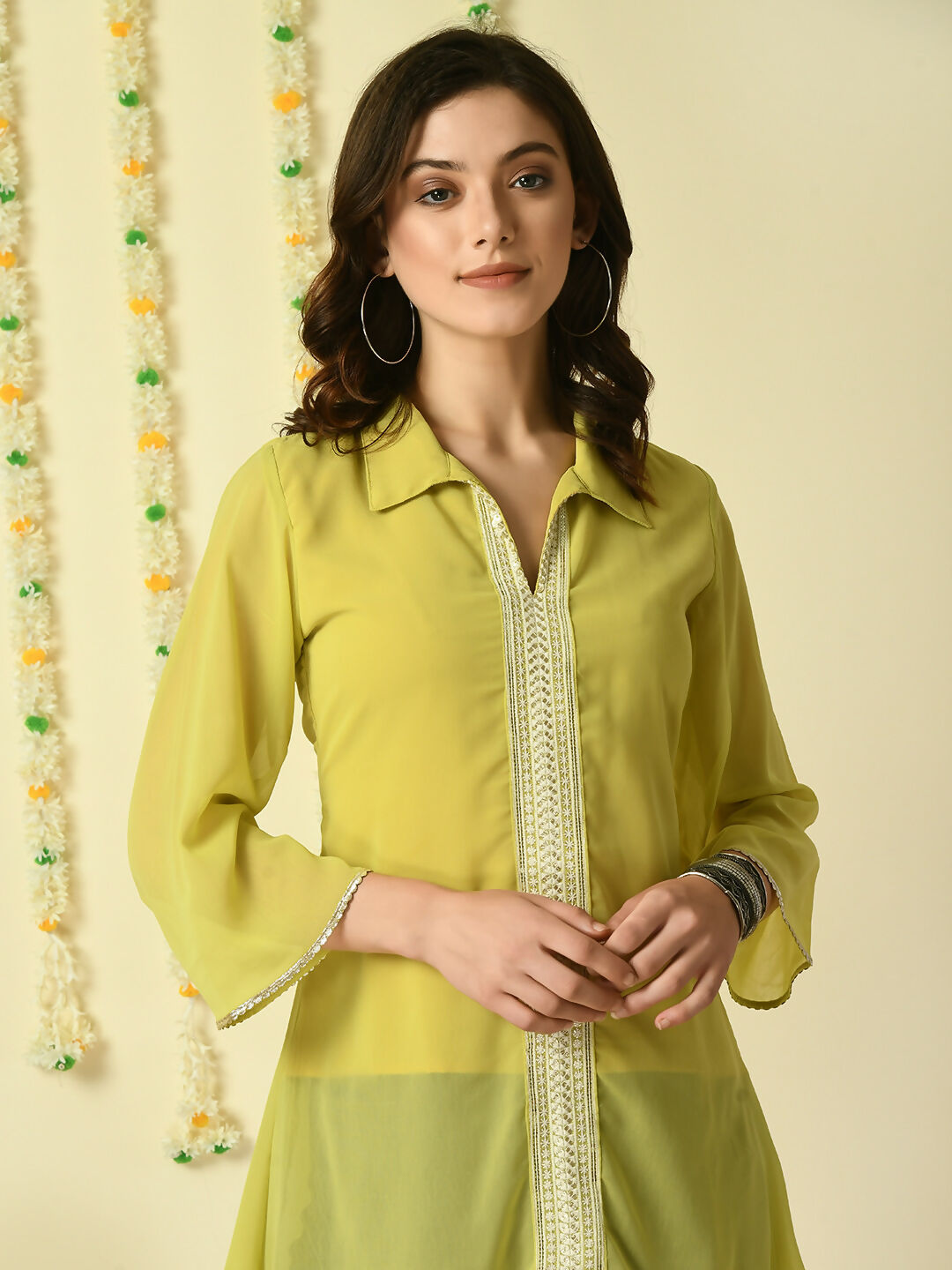 Myshka Women's Yellow Embroidered Party Fusion Top | Grocsy