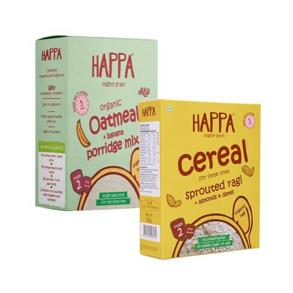 Happa Organic Baby Food Sprouted Ragi Almond Dates Porridge Mix & Oatmeal + Banana Porridge Combo | Grocsy