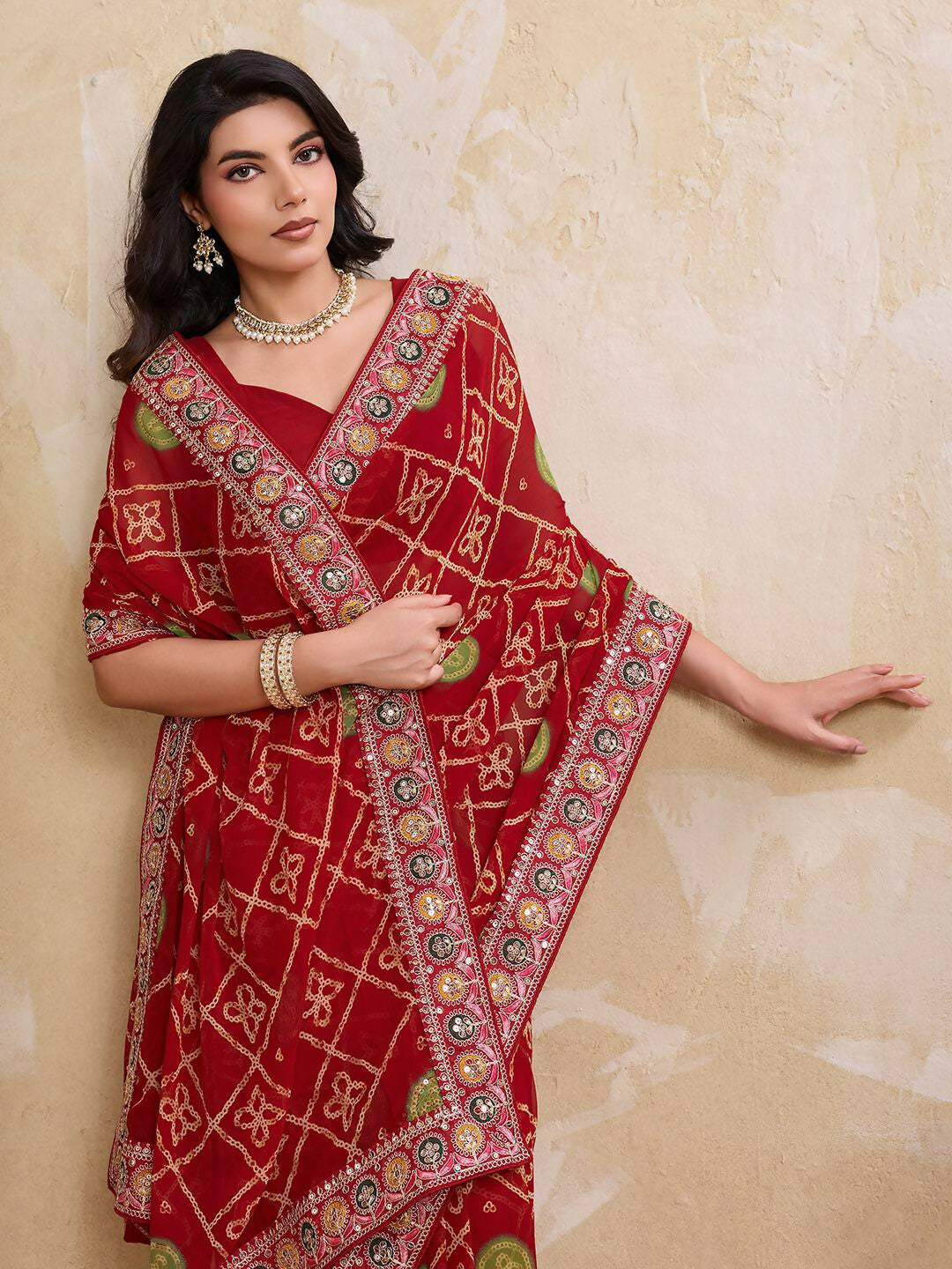 Teeya Creation Womens Stylish Simply Wedding Wear Georgette Saree-Orange | Grocsy
