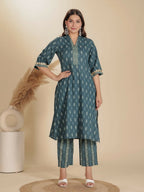 Aramya Blue Soft Cotton Block Print Straight Kurta Set for Women | Grocsy