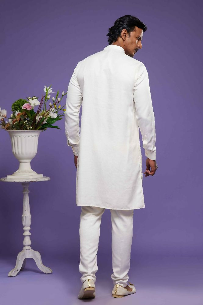 Raivat Ethnic Art Banarasi Silk Thread Work Kurta Pajama In Cream Colour | Grocsy