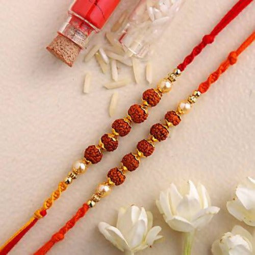 Set of 2 Rudraksha Rakhi and Almond Treat Chocolate Combo | Grocsy