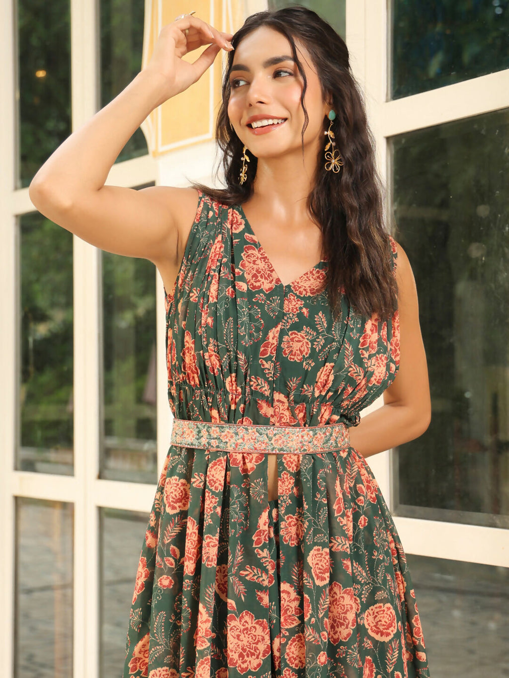 Janasya Green Georgette Floral Kurta & Bottom | Grocsy