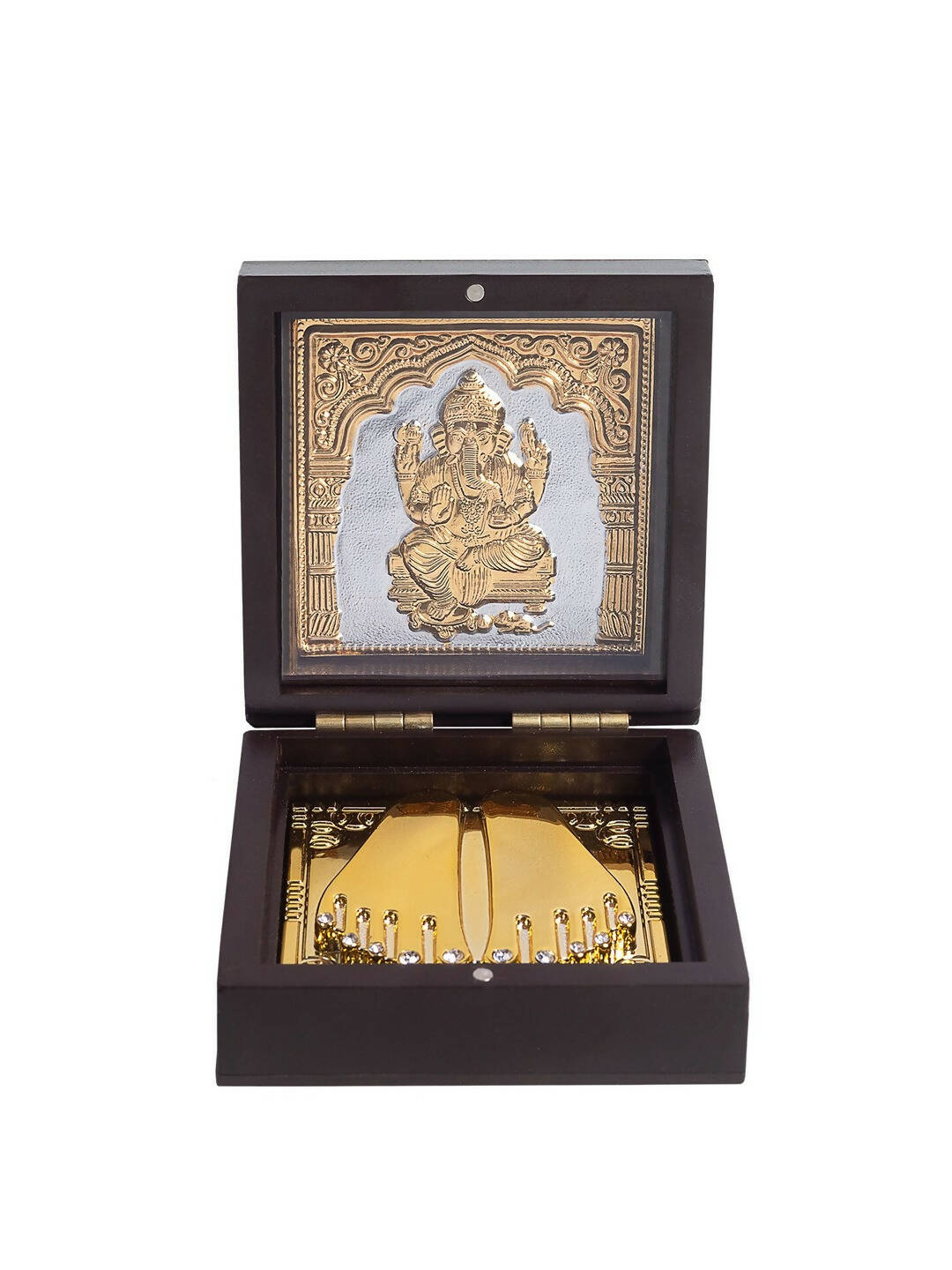 Golden Peacock Brown Wooden Ganesha Prayer Box | Grocsy