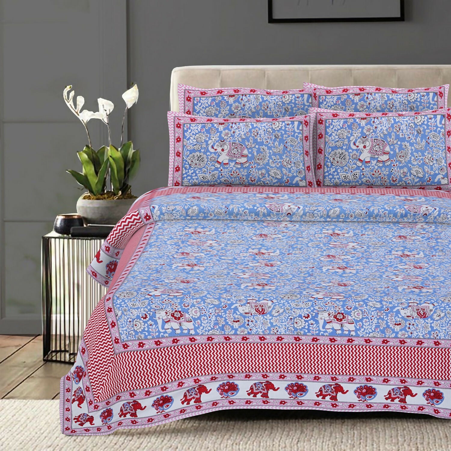 Rudra Bazaar Red Blue 210 TC Cotton Double King Bedsheet With 2 Pillow Covers | Grocsy