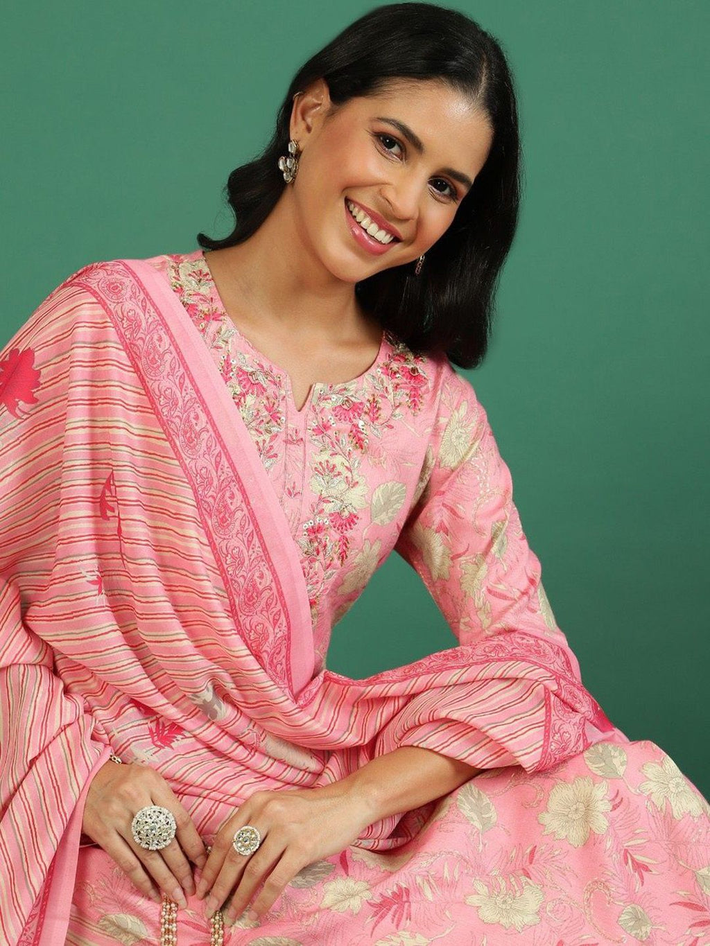 Sangria Floral Printed & Embroidered Kurta & Trouser With Dupatta | Grocsy