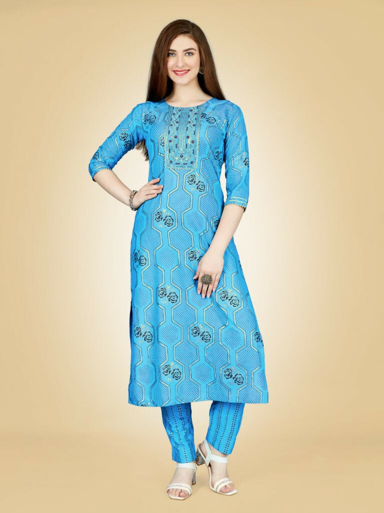 Jyoti Fashion Women's Sky Blue Viscose Rayon Embroidered Kurta Pant Set | Grocsy