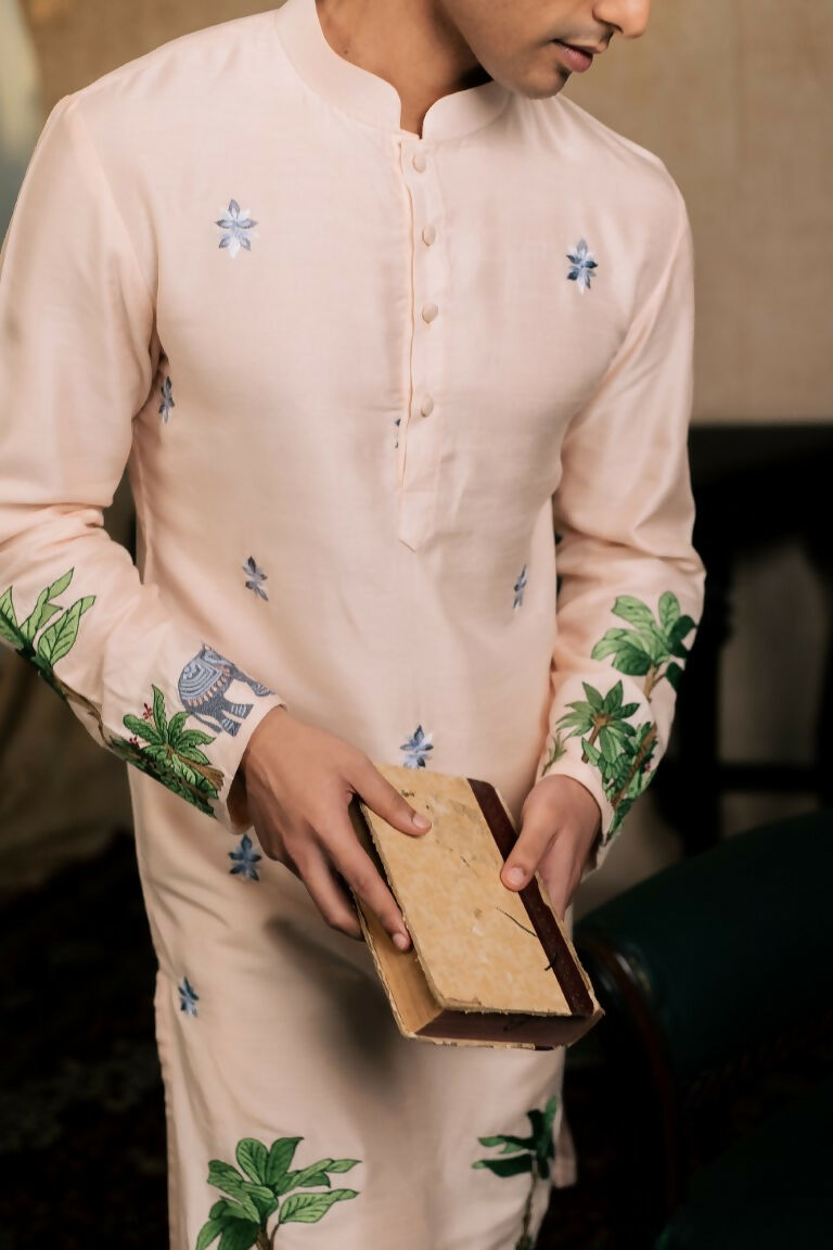 Falling Raw Silk Peach Gajavana Kurta Set By Hilo Design | Grocsy