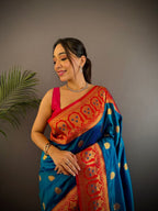 Elora Regal Blue Soft Silk Butti Zari Weaving Contrast Pallu Banarasi Saree | Grocsy
