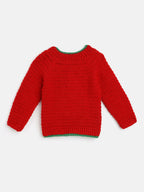 Chutput Kids Woollen Hand Knitted Full Sleeves Snowman Detail Sweater For Baby Boys With Cap - Red | Grocsy
