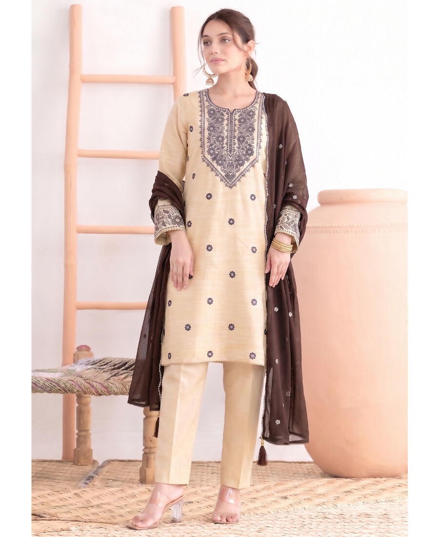 KC Khadi Cotton White Suit With Brown Dupatta 3 Piece Pair For Women | Grocsy