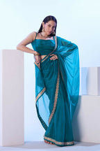 Firozi C/H Net Solid Designer & Lace Work Saree - Samaa | Grocsy