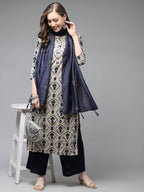 Yufta Women Beige & Navy Blue Printed Pure Cotton Kurta with Palazzo & Dupatta | Grocsy