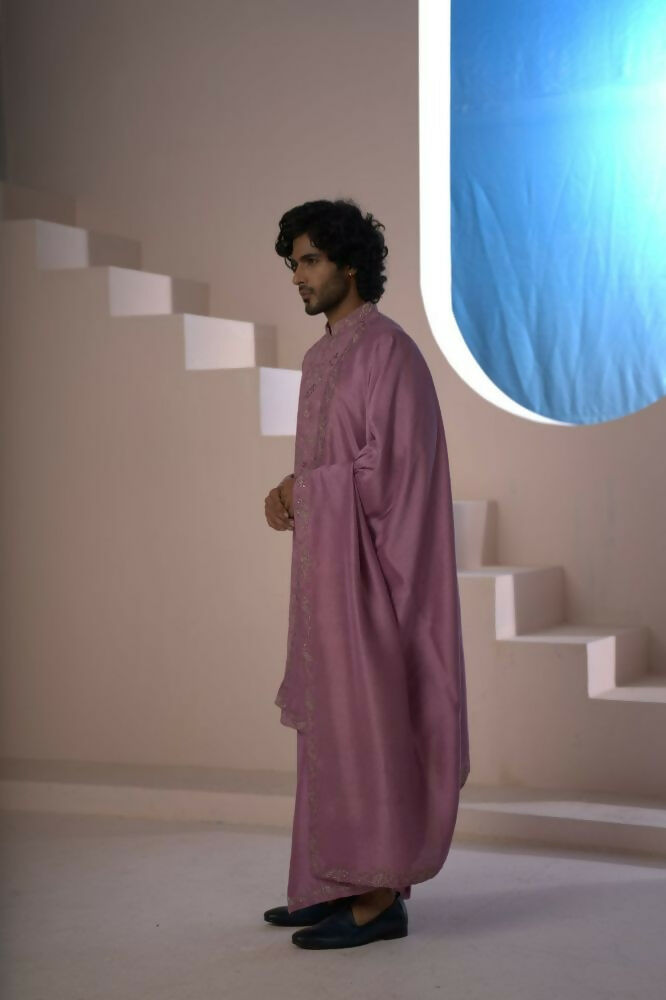 Majestic Orchid Falling Raw Silk Sherwani Set With Intricate Embroidery And Draped Dupatta by Hilo Design | Grocsy