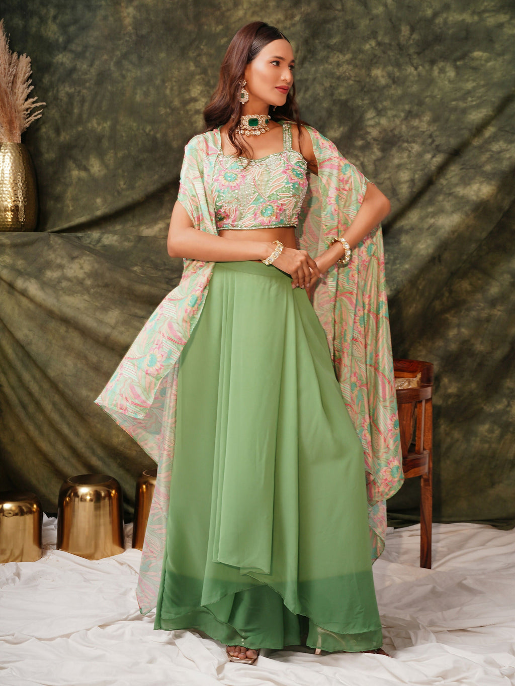 Green Pure Georgette Handwork Top with Skirt & Shrug - Naomika | Grocsy