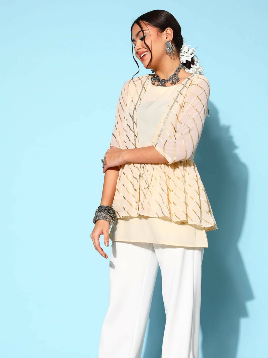 Ahalyaa Off-White Solid Fluid Tie-Up Top | Grocsy