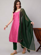 Magenta Pink and Green Polyester Printed Kurta with Trousers & Dupatta - Vishwa | Grocsy