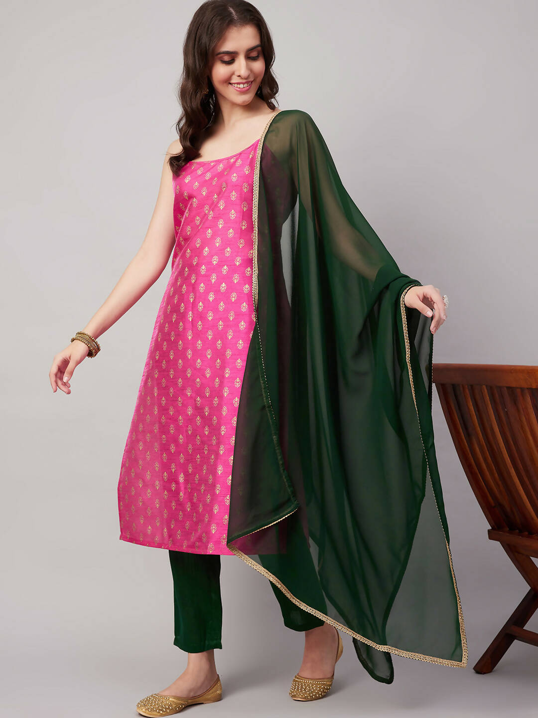 Magenta Pink and Green Polyester Printed Kurta with Trousers & Dupatta - Vishwa | Grocsy