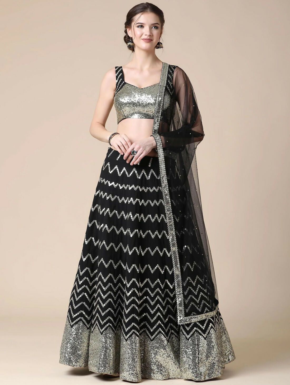 Jyoti Fashion Black Sequence with Thread Zari Embroidery Georgette Lehenga Choli with Dupatta | Grocsy