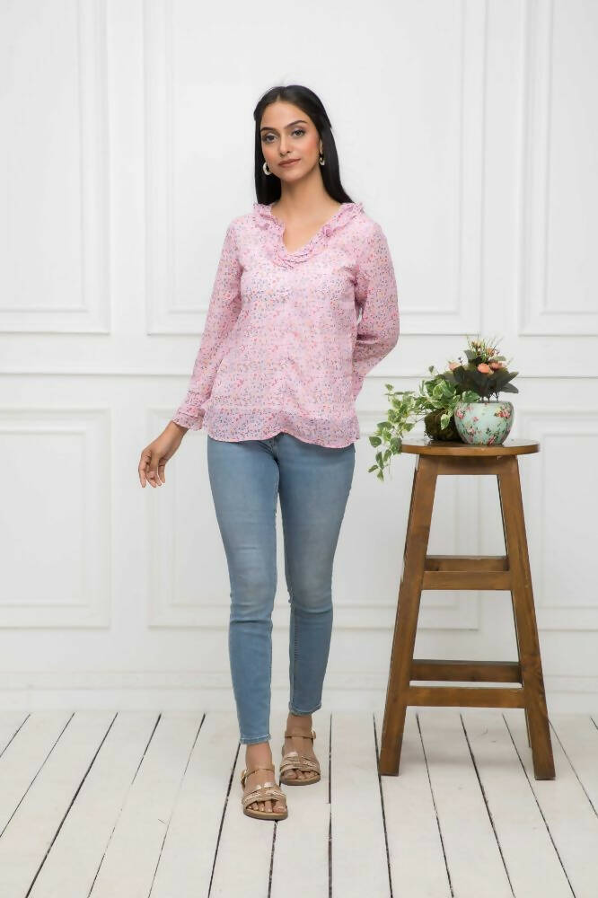 Myshka Women Pink Floral V-Neck Regular Sleeves Synthetic Georgette Top | Grocsy