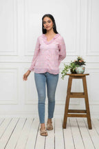 Myshka Women Pink Floral V-Neck Regular Sleeves Synthetic Georgette Top | Grocsy