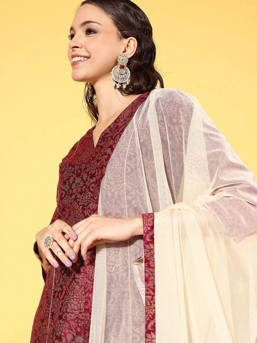 Ahalyaa Women's Wine Colour Poly Silk Gold Paste Printed Kurta Pant Set | Grocsy