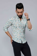 Miravan Men's Spread Collar White & Green Floral Print Slim Fit Shirt | Grocsy
