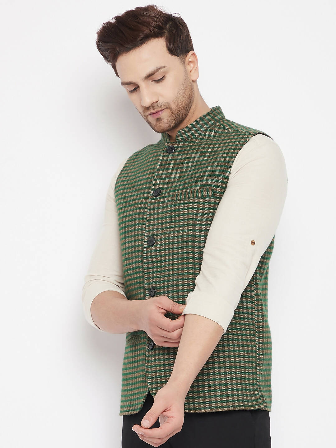 Even Apparels Green Wool Men Woven Nehru Jacket | Grocsy