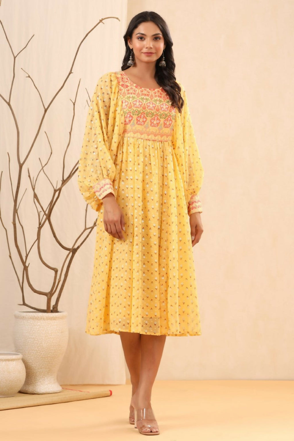 Juniper Yellow Ethnic Motif Printed Georgette Midi Dress With Sequins Work | Grocsy