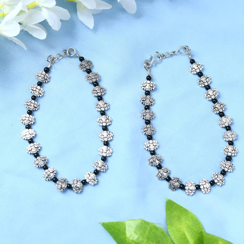 Mominos Fashion Kamal Johar Oxidised Silver Black Beads Anklets | Grocsy