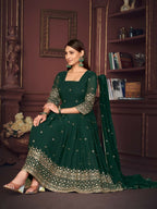 Jyoti Fashion Women's Golden & Bottle Green Georgette Embroidered Anarkali Kurta Pant Set With Dupatta | Grocsy
