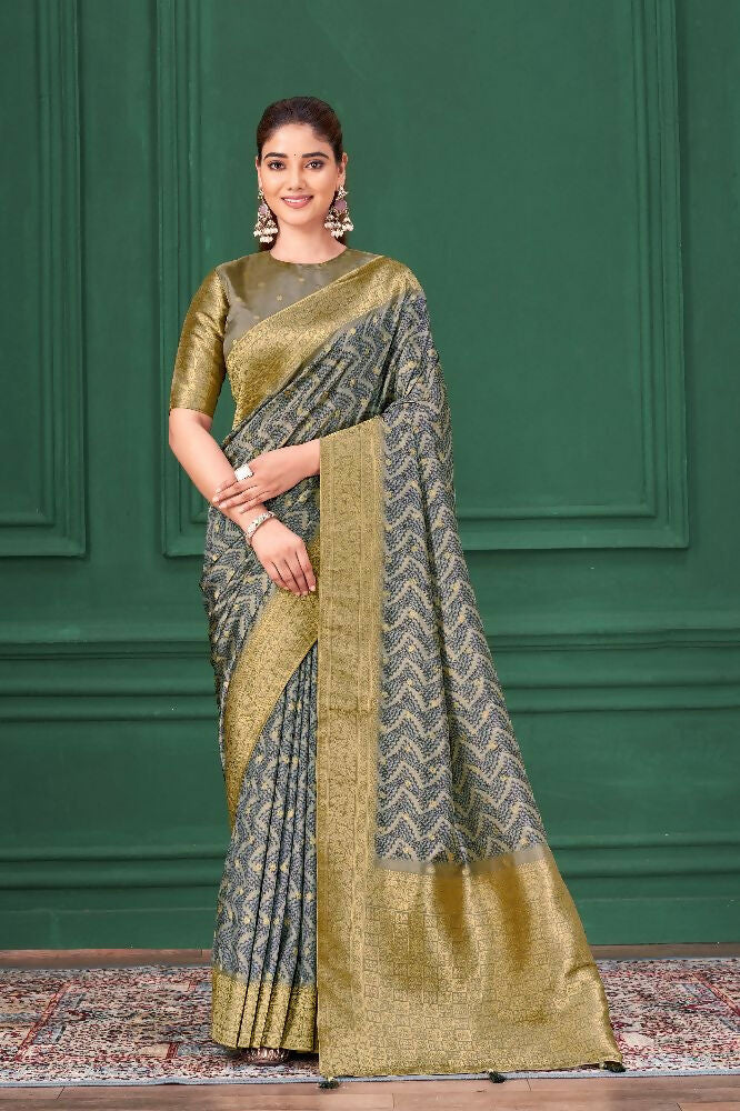 Grey Tussar Silk Jacquard Abstract Digital Print Saree with Unstitched Blouse - Mohira | Grocsy
