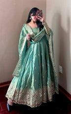 Teeya Creation Teal Fendy Silk Designer Heavy Work Wedding Wear Long Gown | Grocsy