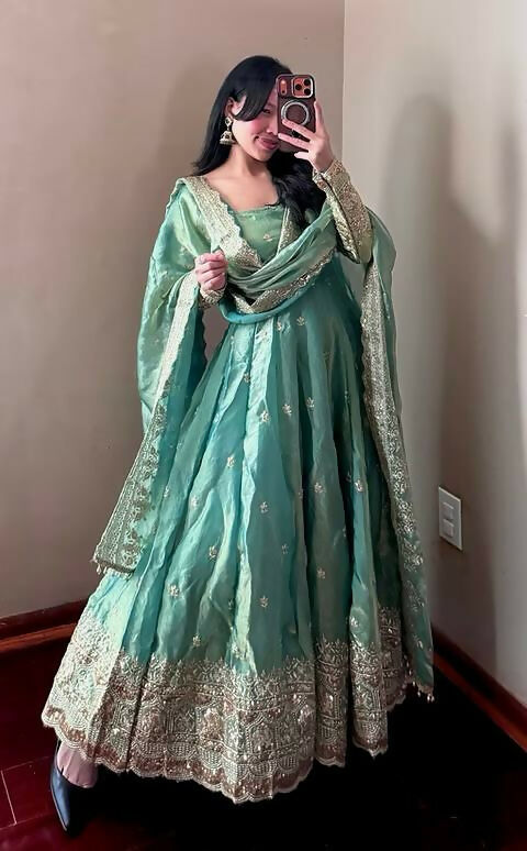 Teeya Creation Teal Fendy Silk Designer Heavy Work Wedding Wear Long Gown | Grocsy
