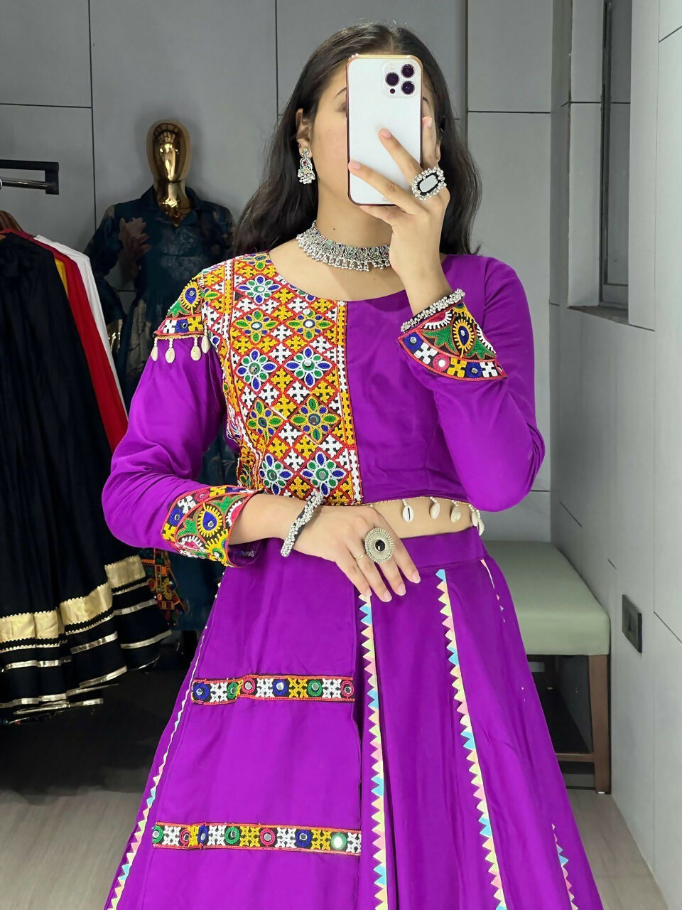 Yash Enterprise Purple Rayon Cotton Embroidery Semi Stitched Navratri Top Chaniya Choli | Grocsy