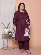 Miravan Womens Plus Size Wine Floral Kurta With Palazzo And Dupatta Set | Grocsy