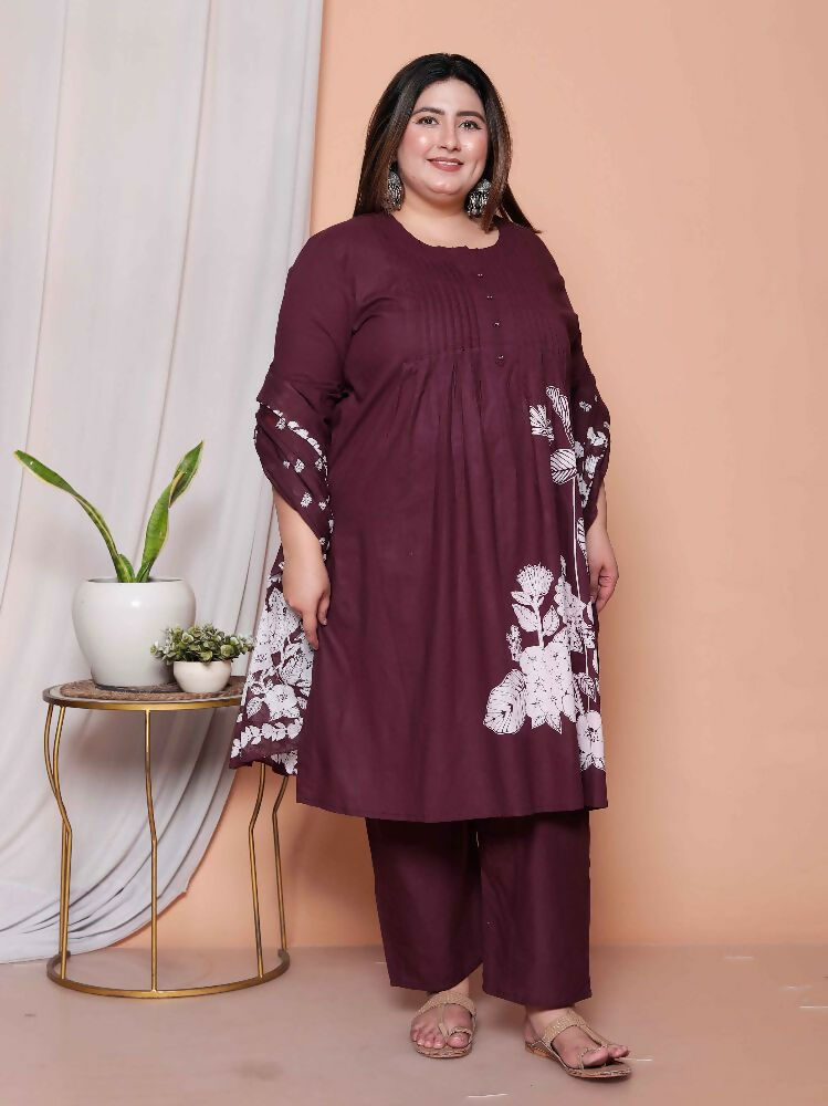 Miravan Womens Plus Size Wine Floral Kurta With Palazzo And Dupatta Set | Grocsy