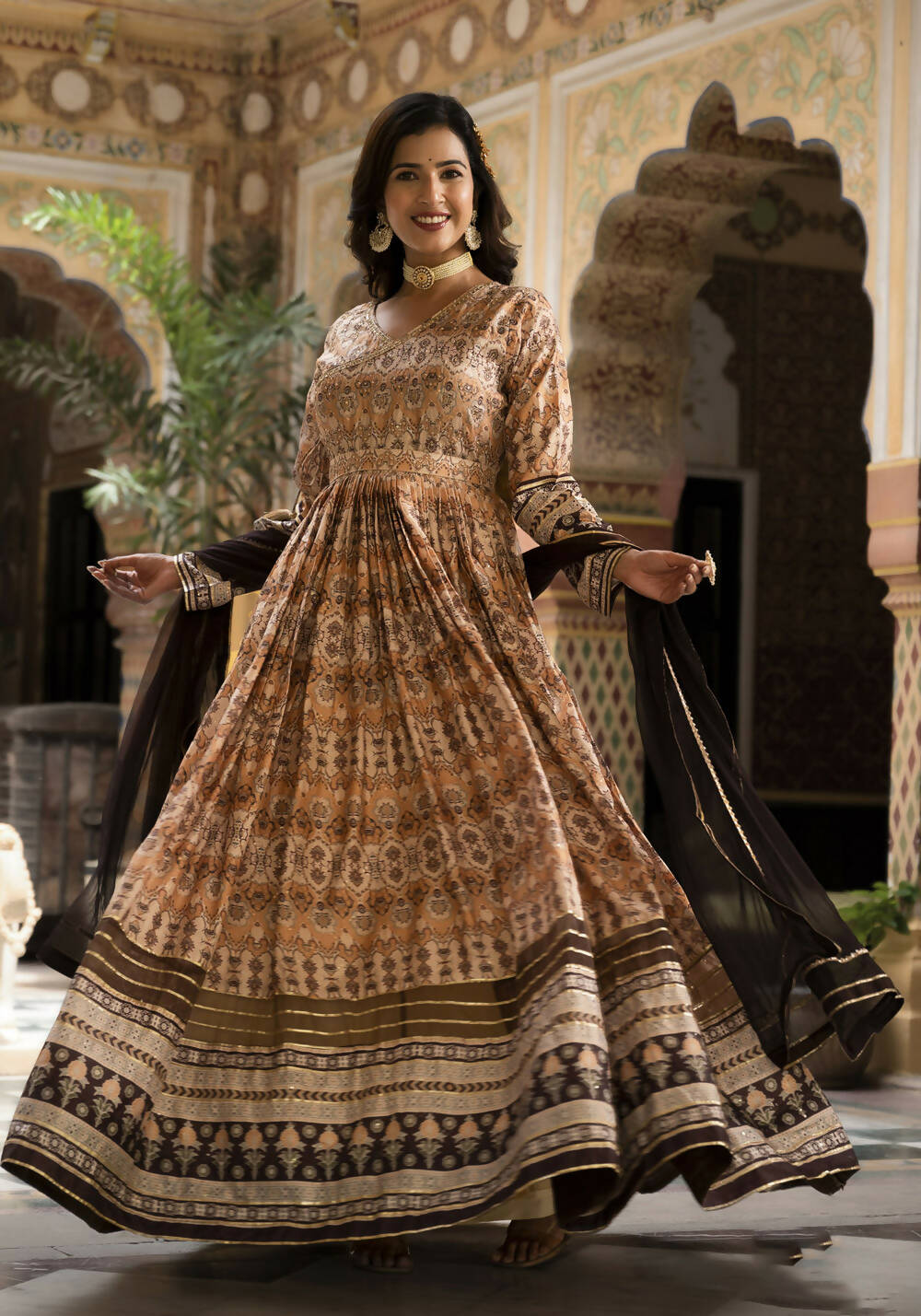 Partywear Designer Cream Dola Silk Anarkali Suit With Dupatta - Ananta | Grocsy