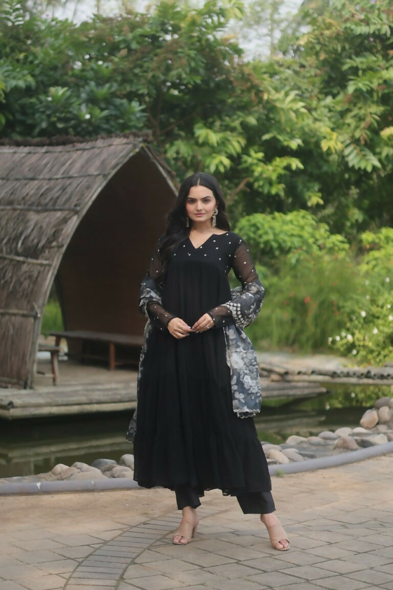 Jyoti Fashion Women's Black Faux Blooming Butti Work Kurta with Trouser & Dupatta | Grocsy